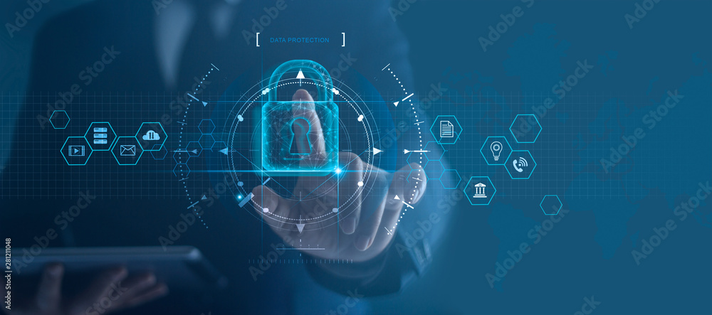 Aufkleber Cyber security network. Padlock icon and internet technology networking. Businessman protecting data personal information on tablet and virtual interface. Data protection privacy concept. GDPR. EU.