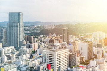city skyline aerial view of Sendai in Japan
