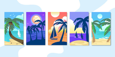 Obraz premium Exotic Beach with Palm Trees and Sea View Banners
