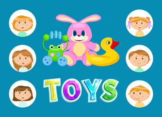 Kindergarten toys, children or kids, artificial animals vector. Pink bunny or rabbit and rattle frog, rubber duck for bath, boys and girls, entertainment