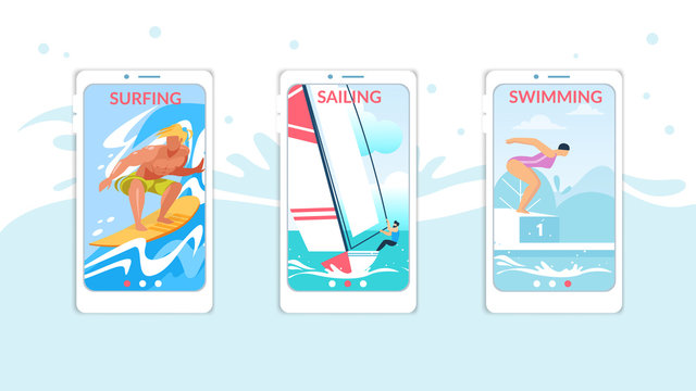 Surfing, Sailing, Swimming Mobile App Pages Set