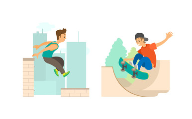 Man running by roof of building, teenager training in skatepark, smiling people and outdoor activity, parkour and skateboarding modern sports vector