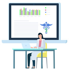 Portrait view of female doctor working with laptop, physician character wearing glasses and medical gown, monitor with report, clinic workplace vector
