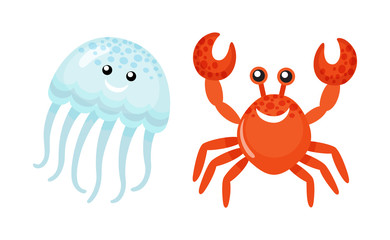 Red crab waving claws and smiling vector, jellyfish summer character. Oceanic natural creatures with face smiling, medusa with tentacles and smile