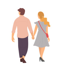 Happy people walking holding hands, back view. Vector isolated man and woman spending time together. Cartoon lady with sack and brunette guy in trousers