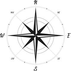 Compass or wind rose in flat and play black and white style.