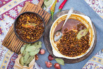Black chickpeas. Kala chana masala with gravy. Spicy Indian traditional food.