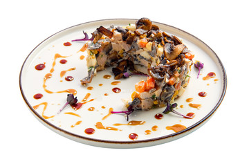 Salad with mushrooms, carrot, potato and onion isolated on white