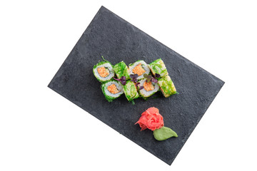 Set of rolls with crab paste, seaweed chuka salad isolated on white