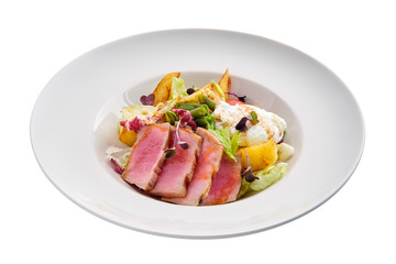 Grilled tuna with potato, cabbage, green beans and poached egg isolated on white