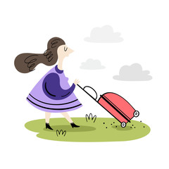 Tourist girl walking with a suitcase. Vacation, transfer.Vector illustration in flat style, hyperbolism.