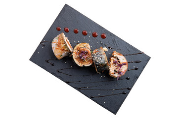 Stuffed mackerel isolated on white