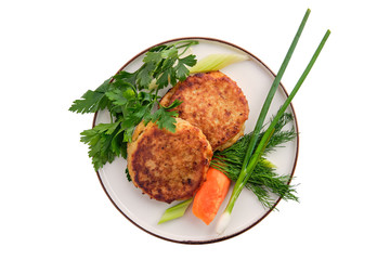 Fried ground beef and potato patties isolated on white