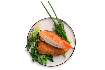 Baked cutlet stuffed with ham and cheese, covered with melted cheese isolated on white