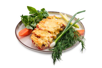 Chopped meat with tomato covered with melted cheese isolated on white
