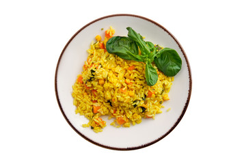 Rice curry with nut, corn and carrot isolated on white