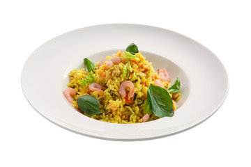 Rice with shrimps isolated on white