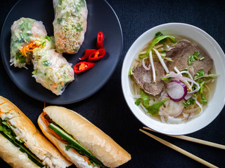 Traditional food from Vietnam pho bo, banh mi bo and nem song