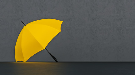 Mustard yellow open umbrella on dark wallpaper, copy space, high contrast, vertical billboard...