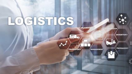 Logistic and transport concept. Businessman shows logistics diagram. Online goods orders. Goods...