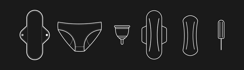 Feminine hygiene products. Classic products: sanitary pads and tampon. Sustainable products: cloth menstrual pad, period panties and menstrual cup. White line. Vector illustration, flat design