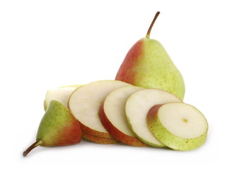 Fresh ripe pear slices isolated on white background