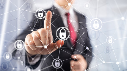 Cyber security, information privacy, data protection concept on modern server room background. Internet and digital technology concept.