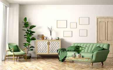 Interior of modern living room with green sofa 3d rendering