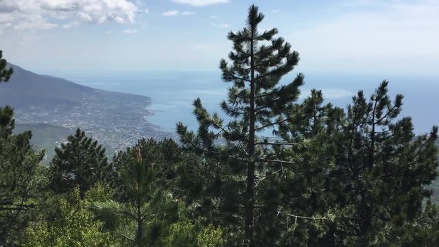 Wonderful panoramic view on sea, valley and coastal town from huge mountain covered wood. Beautiful nature seascape and mountainside landscape with woods. Sunny and cloudy summer weather.