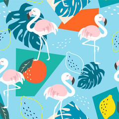 Obraz premium Trendy pattern with flamingo and tropical leaves on abstract background. Vector seamless texture. 
