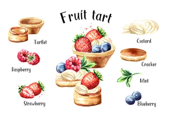 Deurstickers Keuken Feestelijk eten. Zoete taart met fruit en bessen recept en ingrediënten set. Aquarel hand getekende illustratie, geïsoleerd op een witte achtergrond