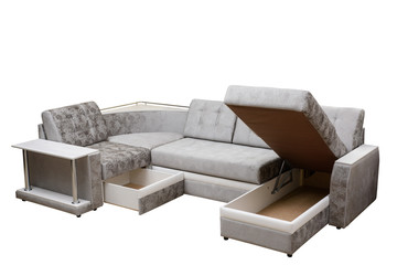 Modern multifunctional classic grey sofa with stand and cushions, isolated white background. Furniture, interior, stylish sofa
