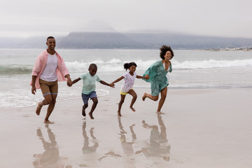 Family walking together hand in hand on the beach