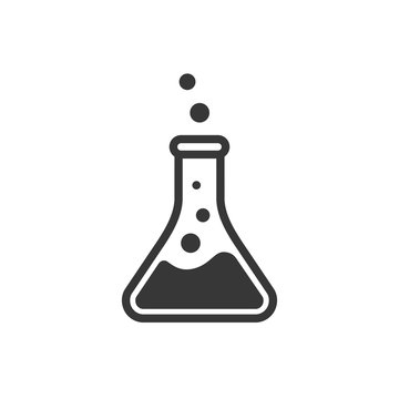 Laboratory beaker icon. Сhemical experiment in flask. Сhemistry and biology symbol. Flask vector illustration. Science technology. Isolated black object on white background.