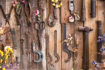 Assorted old work tools on wooden wall. Old vintage tools hanging on a wooden wall