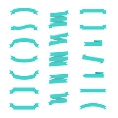 Flat ribbon banners isolated on white background. Collection of turquoise cute tape. Vector Illustration.