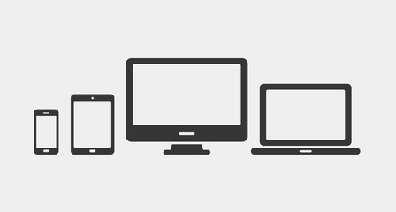 Device icons set. Laptop, computer, desktop pc, tablet, smartphone. Office and home digital gadget. Black symbol for web design. Isolated vector illustratin in white background.