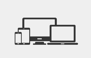 Device icons set. Laptop, computer, desktop pc, tablet, smartphone. Office and home digital gadget. Black symbol for web design. Isolated vector illustratin in white background.