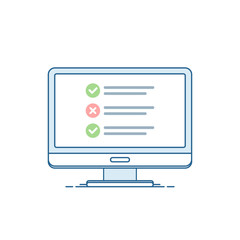 Online surveys form. Online exam. Checklist on the computer screen. Isolated vector illustration in flat style.