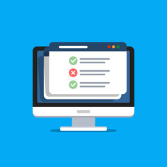 Online surveys form. Online exam. Checklist on the computer screen. Isolated vector illustration in flat style.