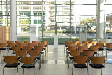 Empty conference room with street view