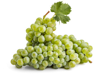 Fresh ripe white grapes cluster with leaves isolated on a white