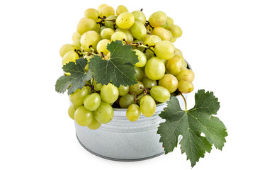 Fresh ripe white grapes with leaves in tin bowl isolated on a white