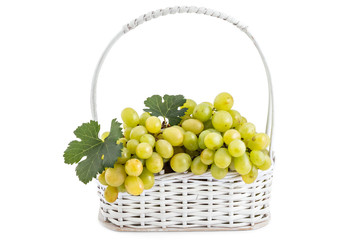 Fresh ripe white grapes with leaves in white wooden basket isolated on a white