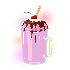 Berry milkshake with topping whipped cream garnish cherry. Pink cold fruit dessert in glass cup for summertime. Delicious sweet smoothie, cocktail. Vector cartoon icon isolated on white background.