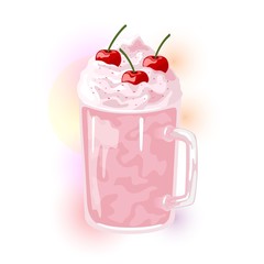 Berry milkshake with topping whipped cream garnish cherry. Pink cold fruit dessert in glass cup for summertime. Delicious sweet smoothie, cocktail. Vector cartoon icon isolated on white background.