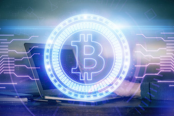 Blockchain theme hud with businessman working on computer on background. Concept of crypto chain. Double exposure.
