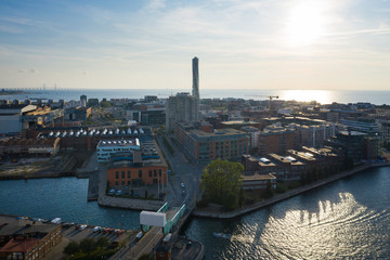 Fototapeta na wymiar Aerial: The view of the western harbor of Malmo, Sweden