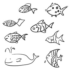 hand drawn kid doodle fish collection vector