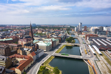 Aerial: The cityscape of Malmo downtown, Sweden